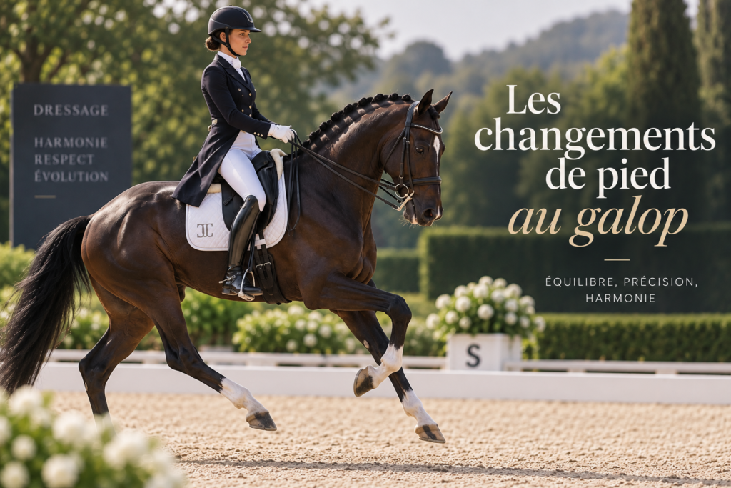 Cheval de dressage réalisant un changement de pied au galop