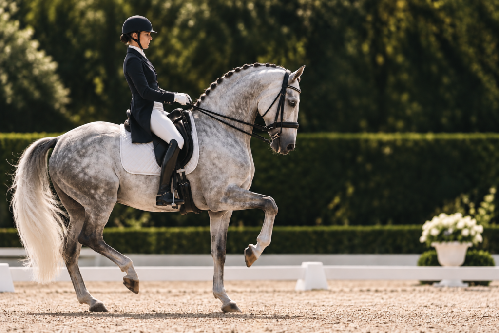 Cavalière de dressage sur un cheval gris exécutant un mouvement de dressage