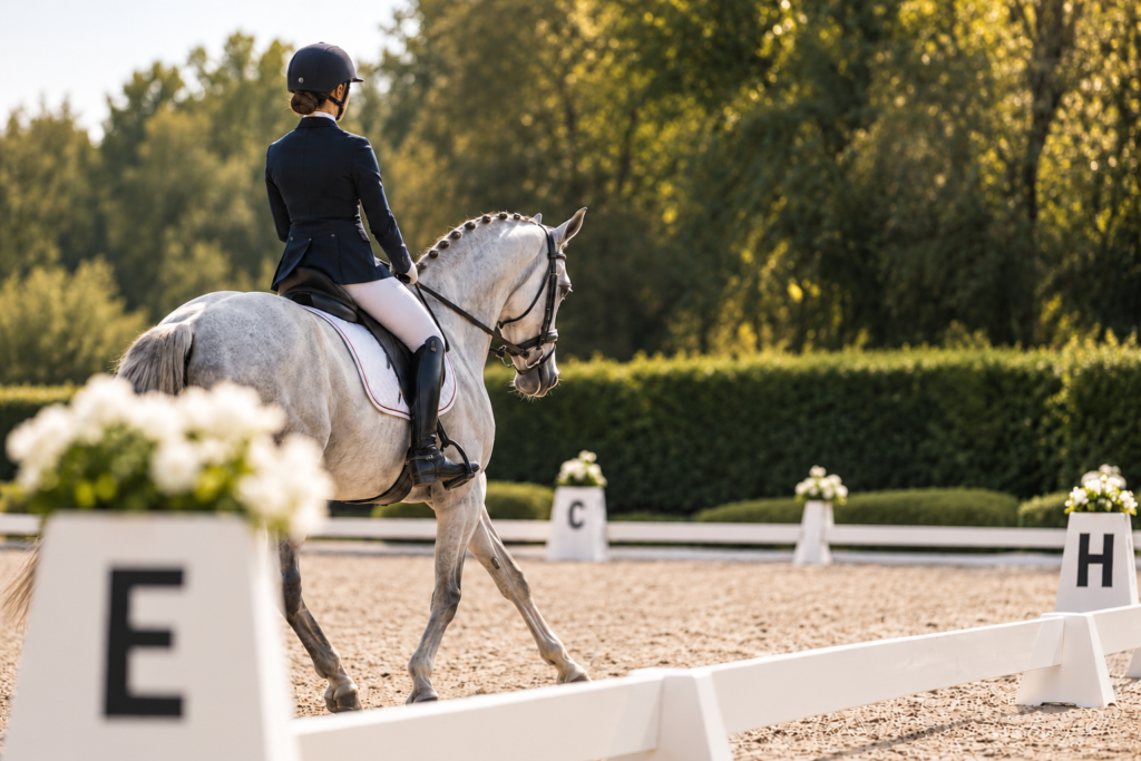 Cavalière de dressage sur un cheval gris dans une carrière avec lettres de dressage